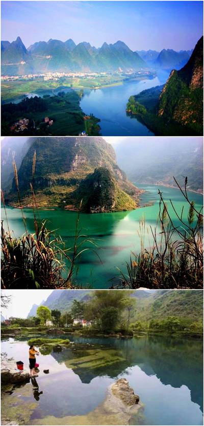 河池临江河风景区(联)聚客遥听常作赋,会仙远眺总题诗.